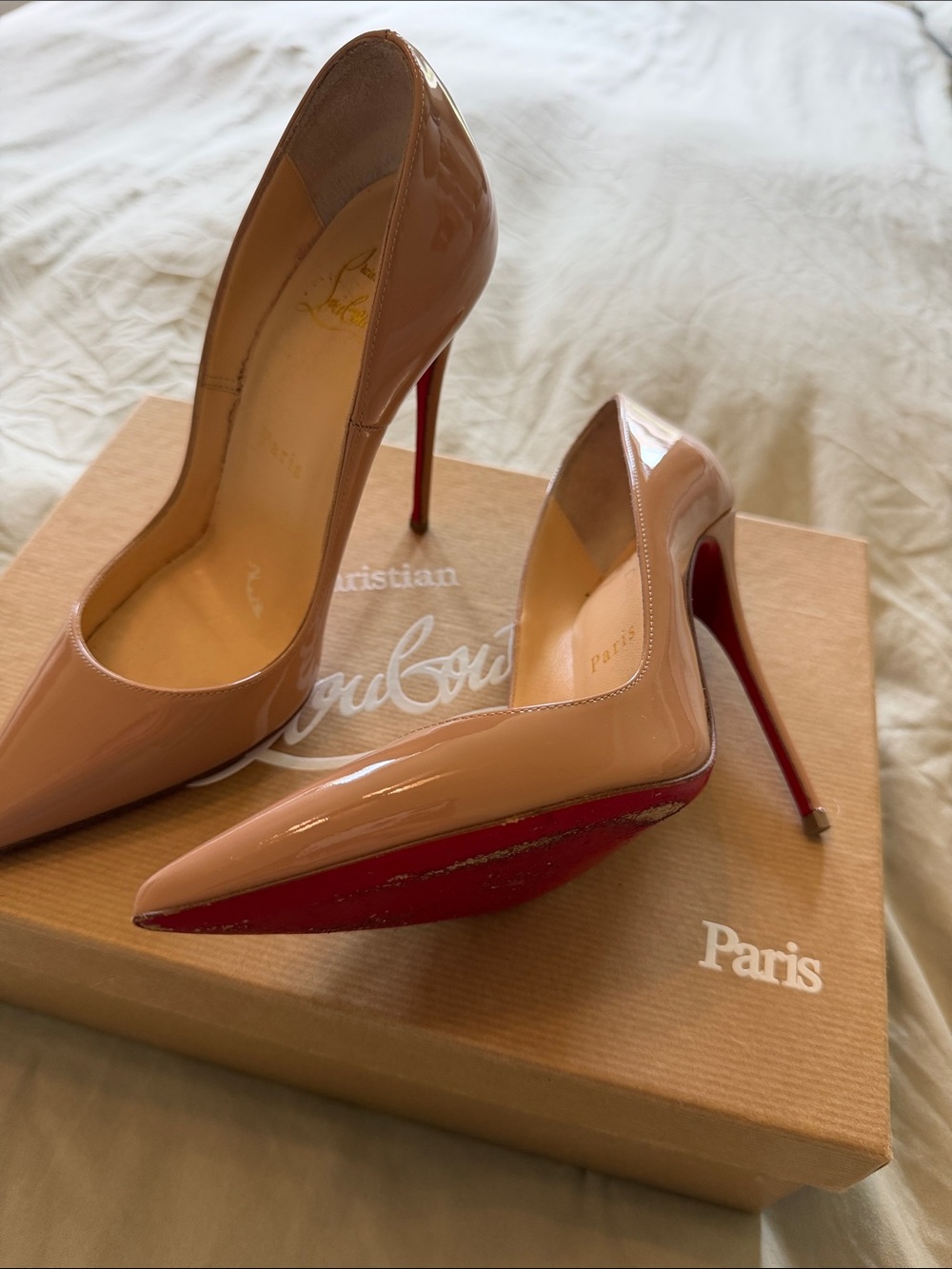 Christian Louboutin Nude Patent Pointed-Toe Stilettos with Red Soles So Kate